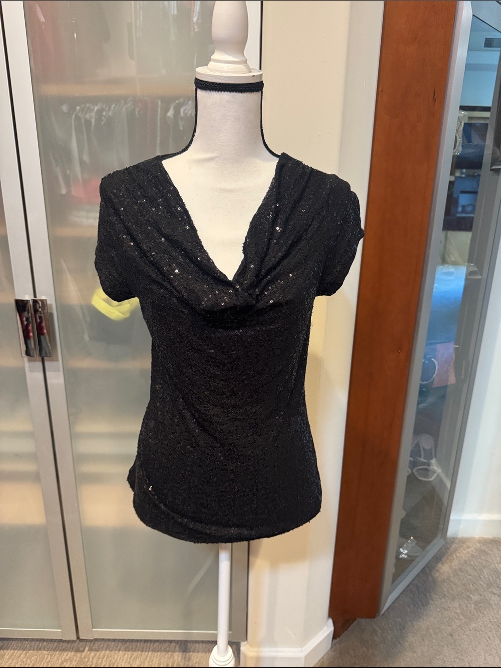 INC International Concepts Black Sequin Cowl Neck Top